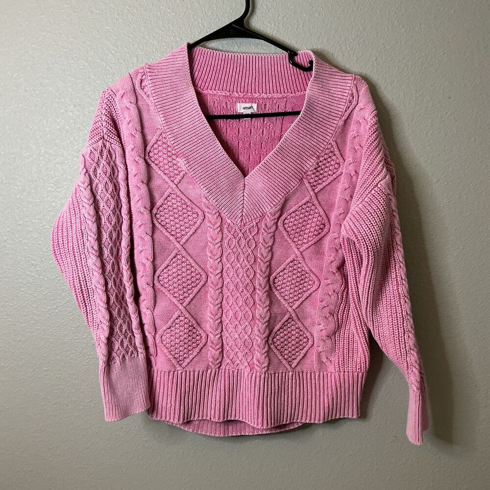 Aerie Pink Cable Knit Sweater Small Oversized V Neck Chunky Cottagecore